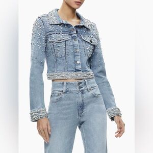 Alice Olivia New Nelson Crystal Pearl Embellished Rockstar Blue Denim Jacket L